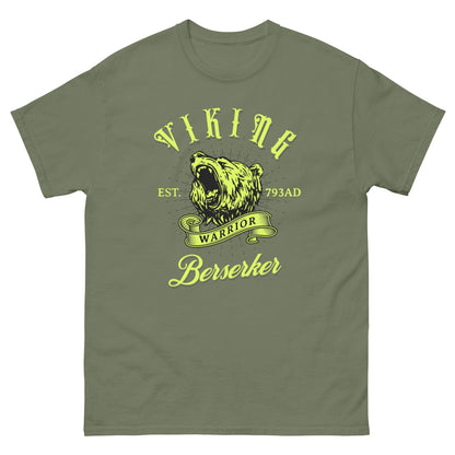 Viking Berserker T-shirt, olive green, front graphic with bear head and “Berserker”