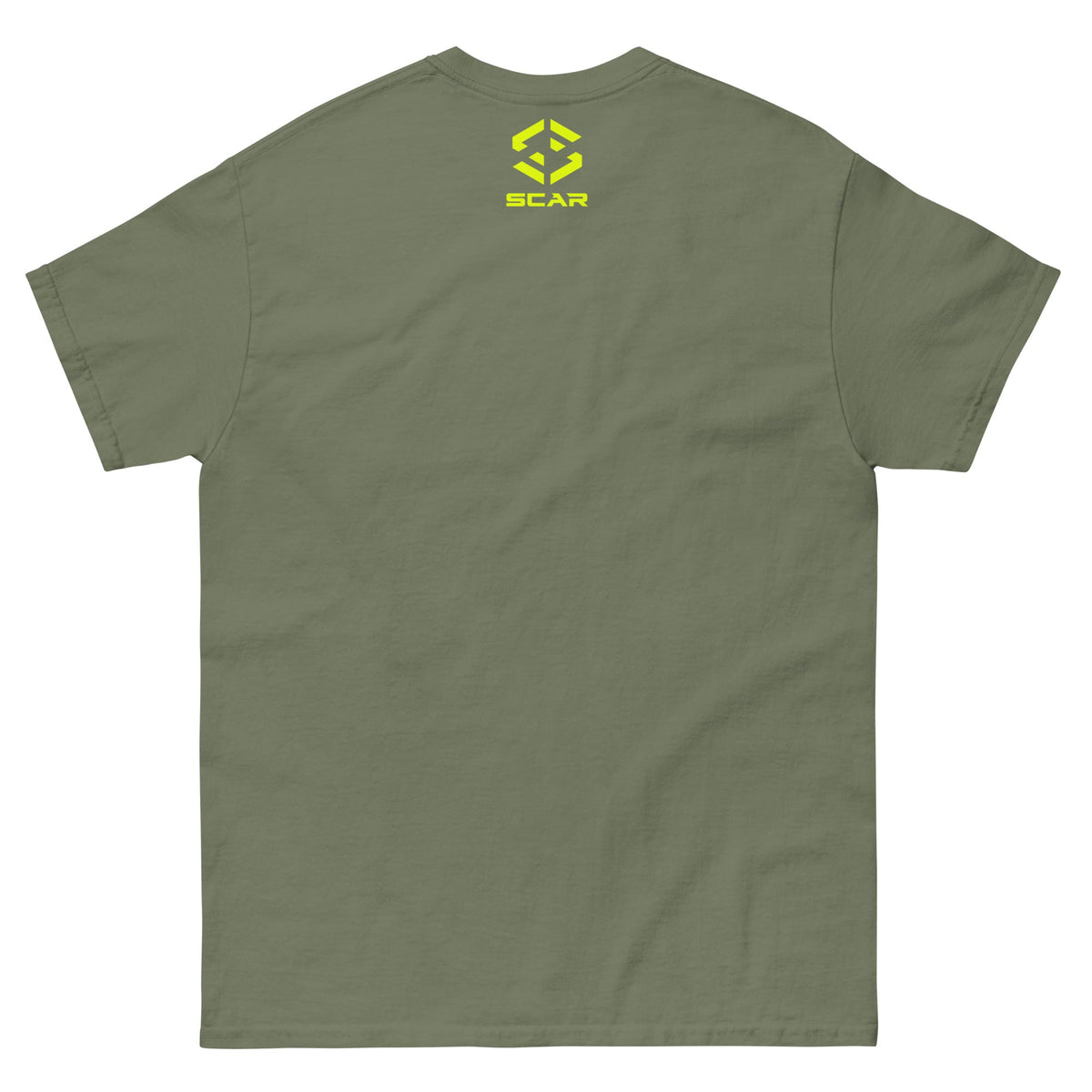 Viking warrior T-shirt, olive green, back with small SCAR logo at upper center