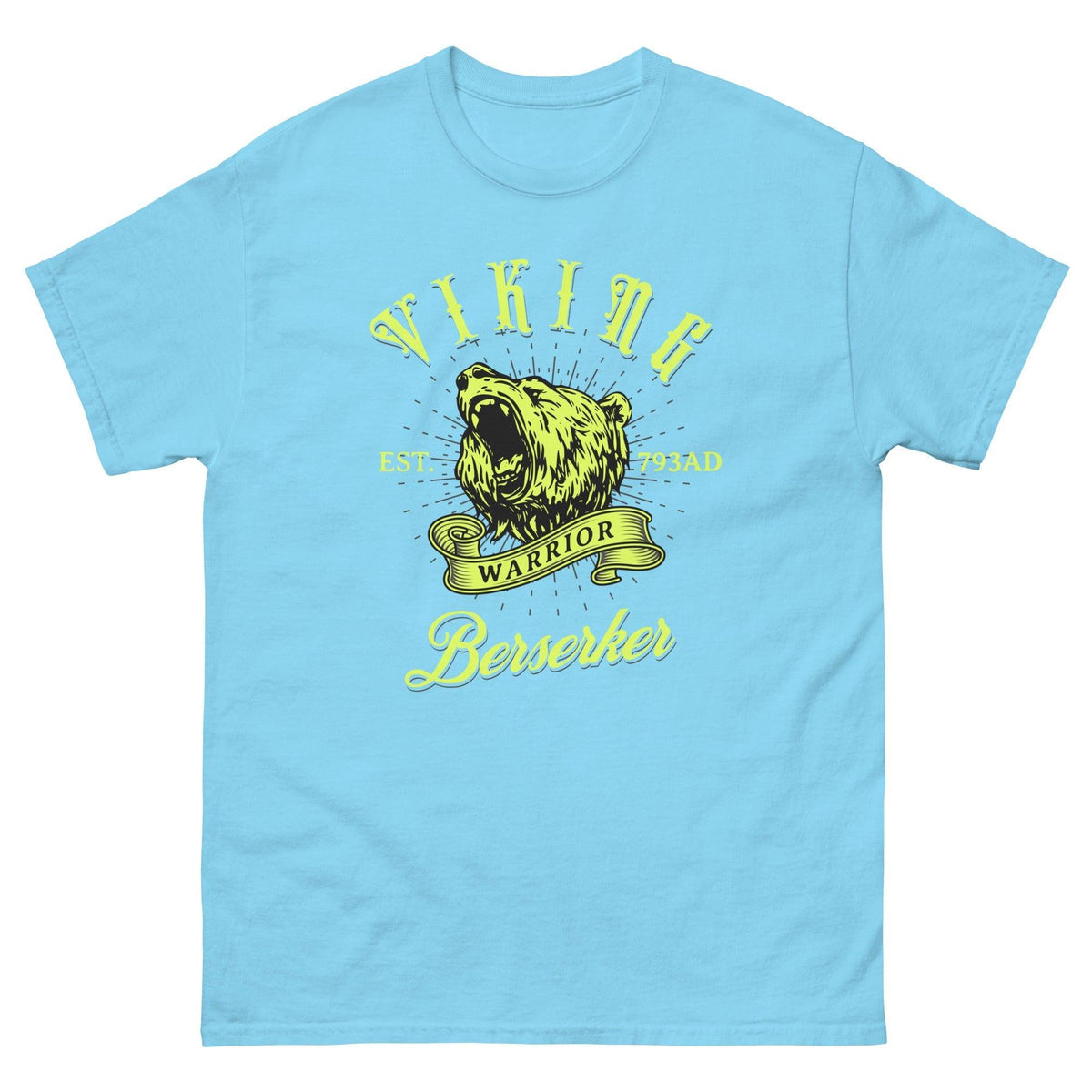 Viking Berserker T-shirt, light blue, front graphic with bear head and “Berserker”