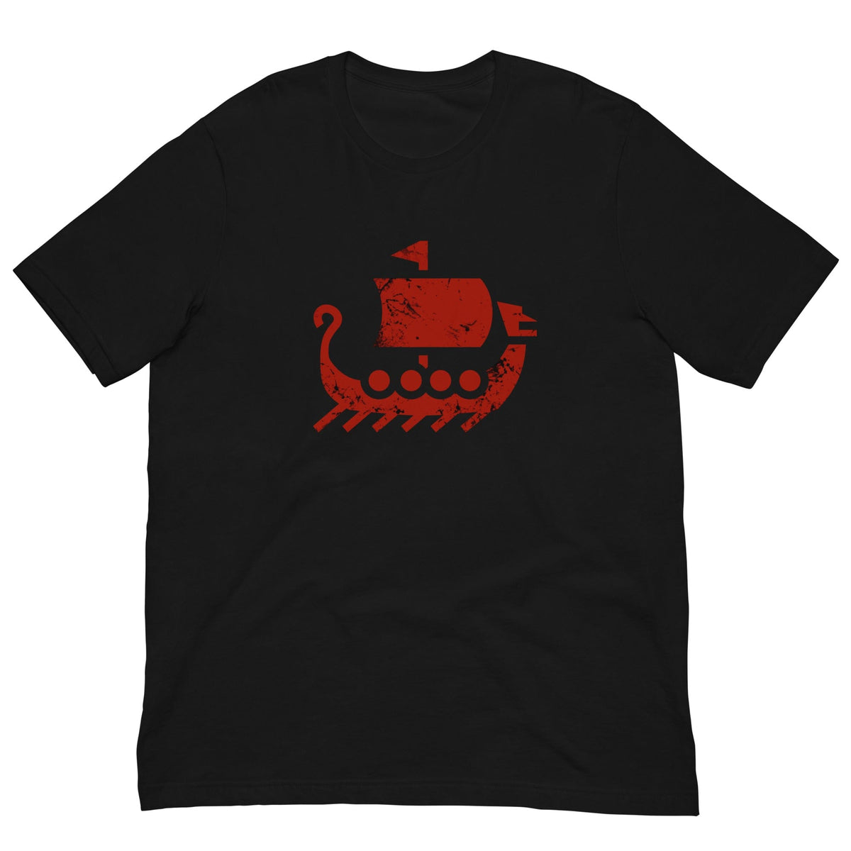 Black crewneck T-shirt with red ship graphic on chest
