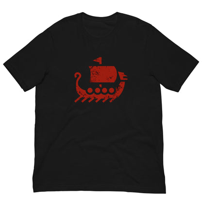 Black crewneck T-shirt with red ship graphic on chest
