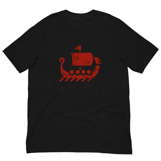 Black crewneck T-shirt with red ship graphic on chest