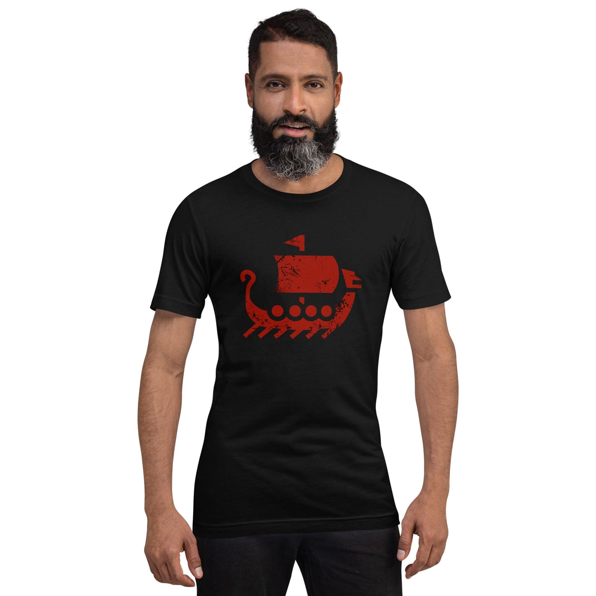 Black crewneck T-shirt with red ship graphic centered