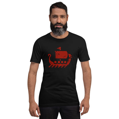 Black crewneck T-shirt with red ship graphic centered