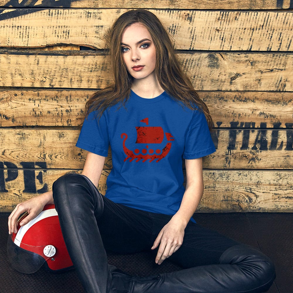 Blue crewneck T-shirt with red ship graphic on chest