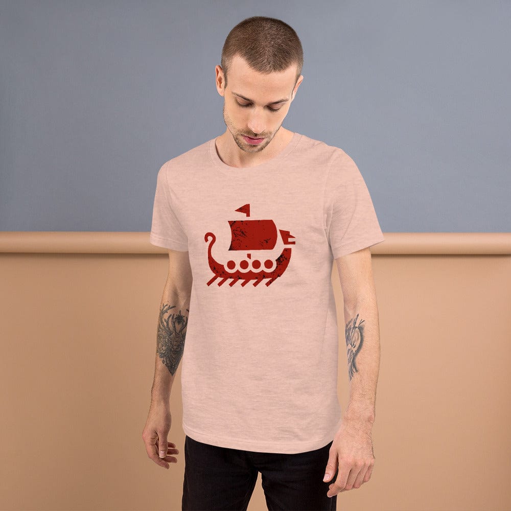 Light pink crewneck T-shirt with red ship graphic on chest