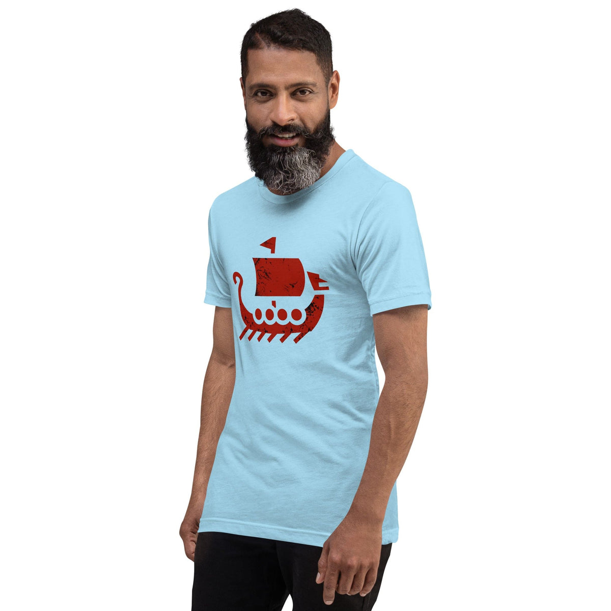 Light blue crewneck T-shirt with red ship graphic on chest