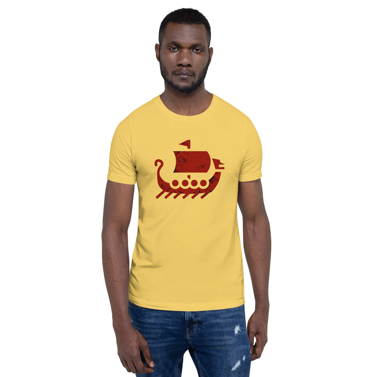Yellow crewneck T-shirt with red ship graphic on chest