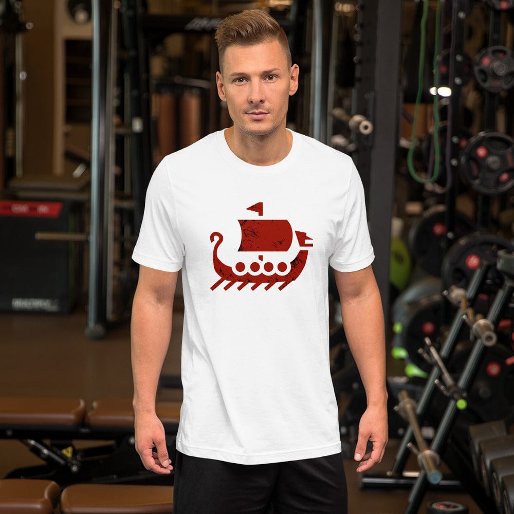 White crewneck T-shirt with red ship graphic on chest