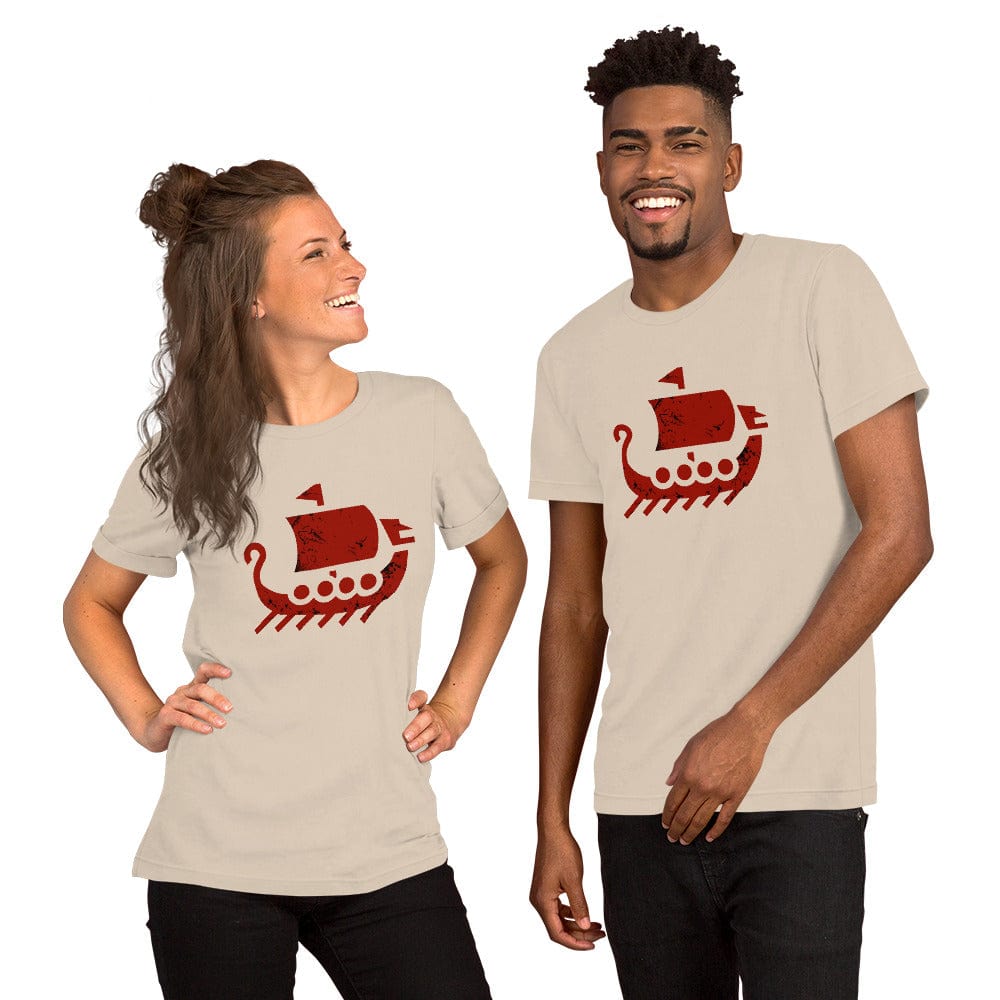 Cream crewneck T-shirt with red ship graphic on chest