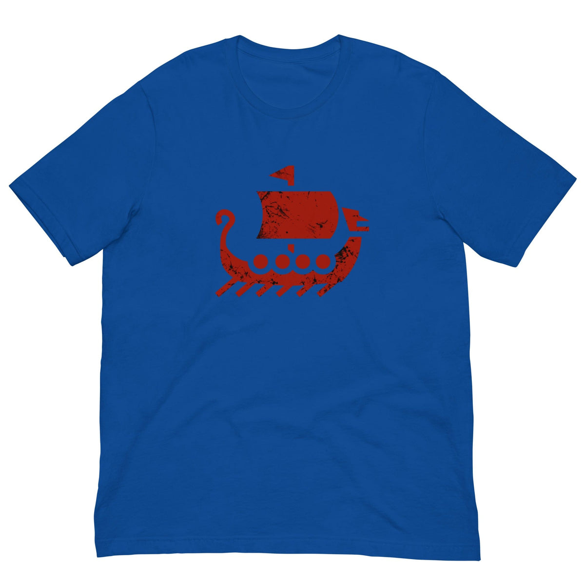 True royal blue crewneck T-shirt with red ship graphic on chest