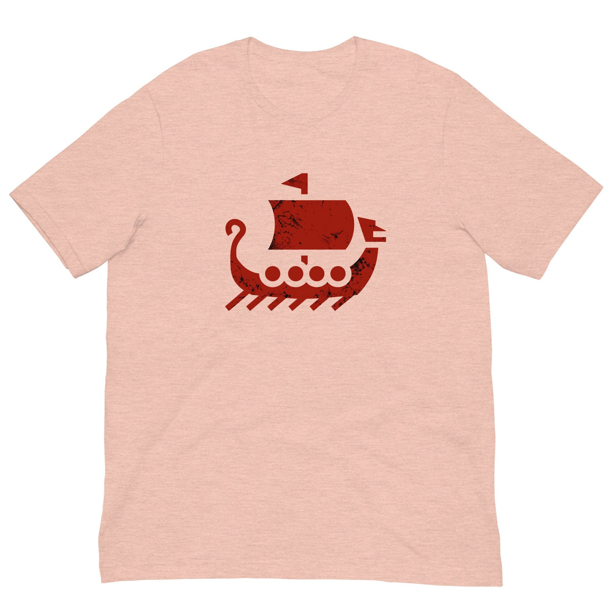 Peach crew-neck T-shirt with red ship graphic on front