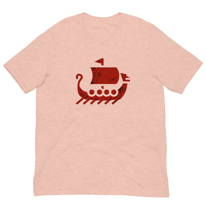 Peach crew-neck T-shirt with red ship graphic on front