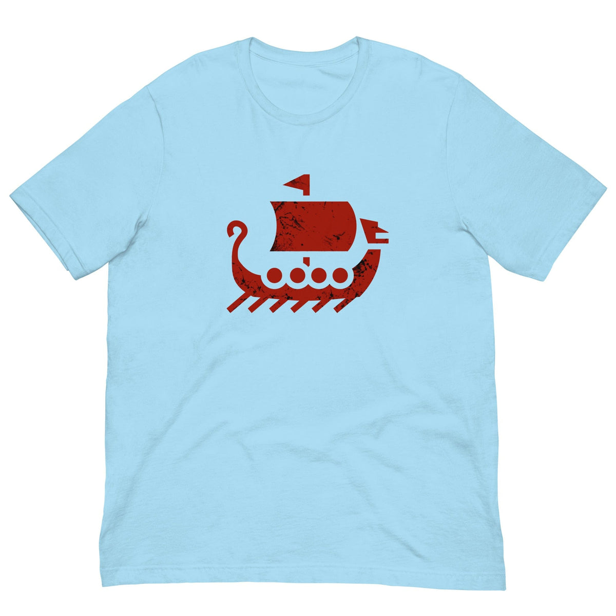 Light blue crew-neck T-shirt with red ship graphic on front
