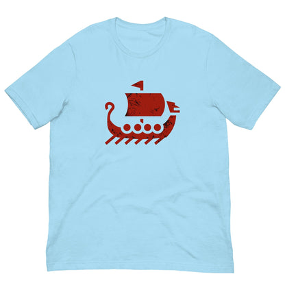 Light blue crew-neck T-shirt with red ship graphic on front