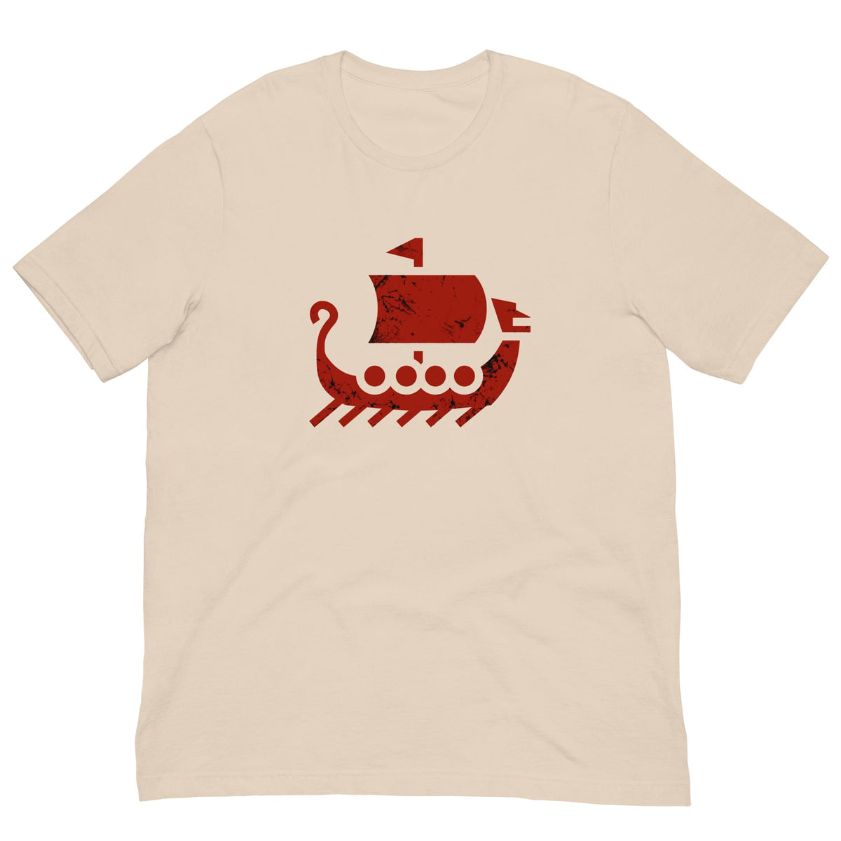 Beige crew-neck T-shirt with red ship graphic on front