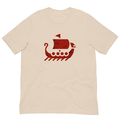 Beige crew-neck T-shirt with red ship graphic on front