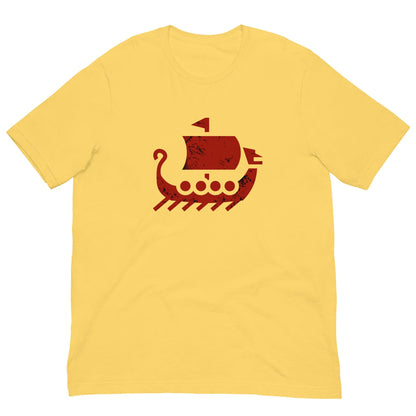 Yellow crew-neck T-shirt with red ship graphic on front