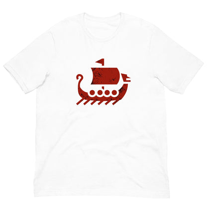 White crew-neck T-shirt with red ship graphic on front