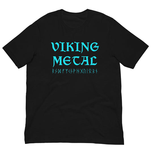 Black T-shirt with teal Viking Metal graphic on chest.