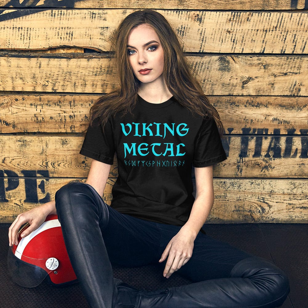 Black T-shirt with teal Viking Metal print at center chest.