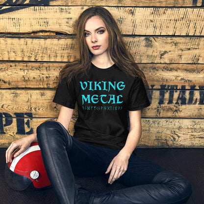 Black T-shirt with teal Viking Metal print at center chest.