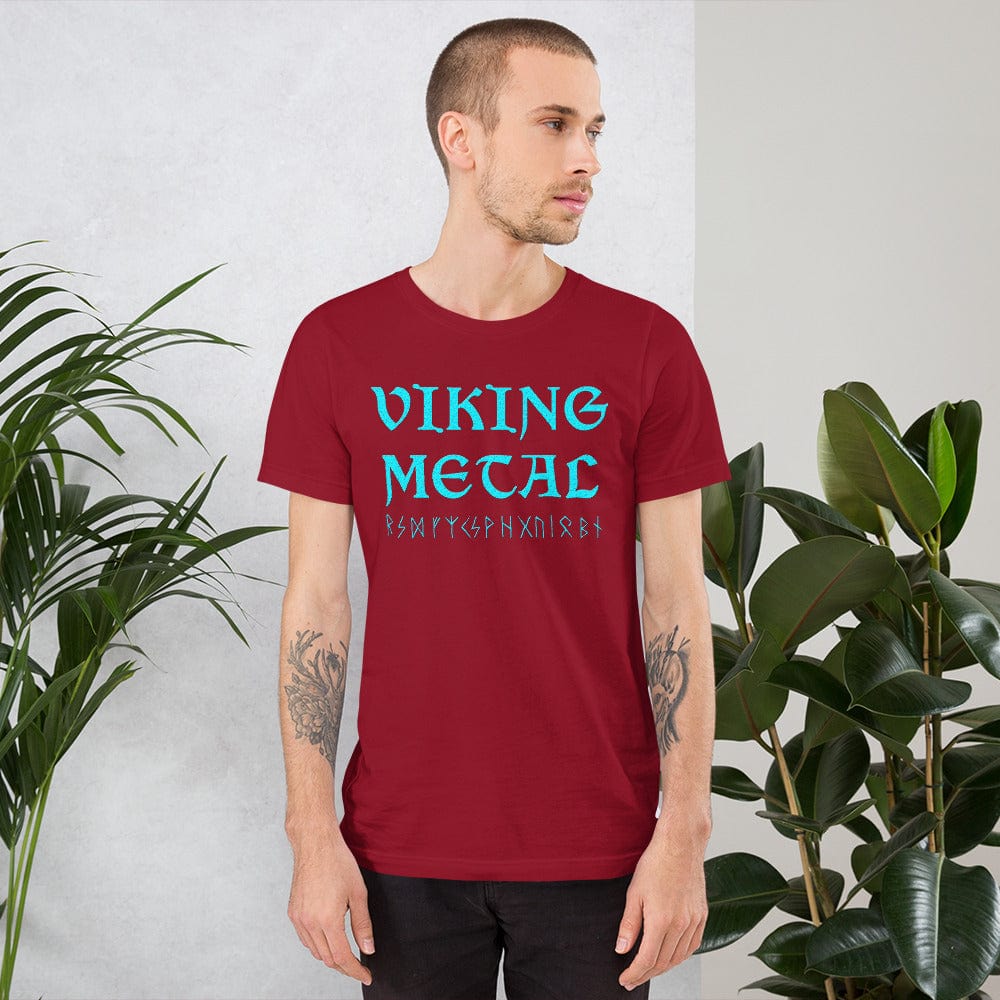 Red T-shirt with teal Viking Metal design on the chest.