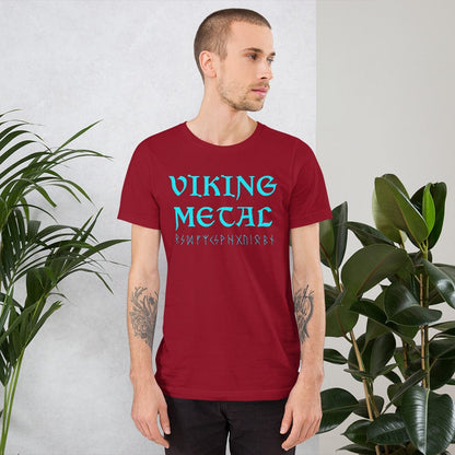 Red T-shirt with teal Viking Metal design on the chest.