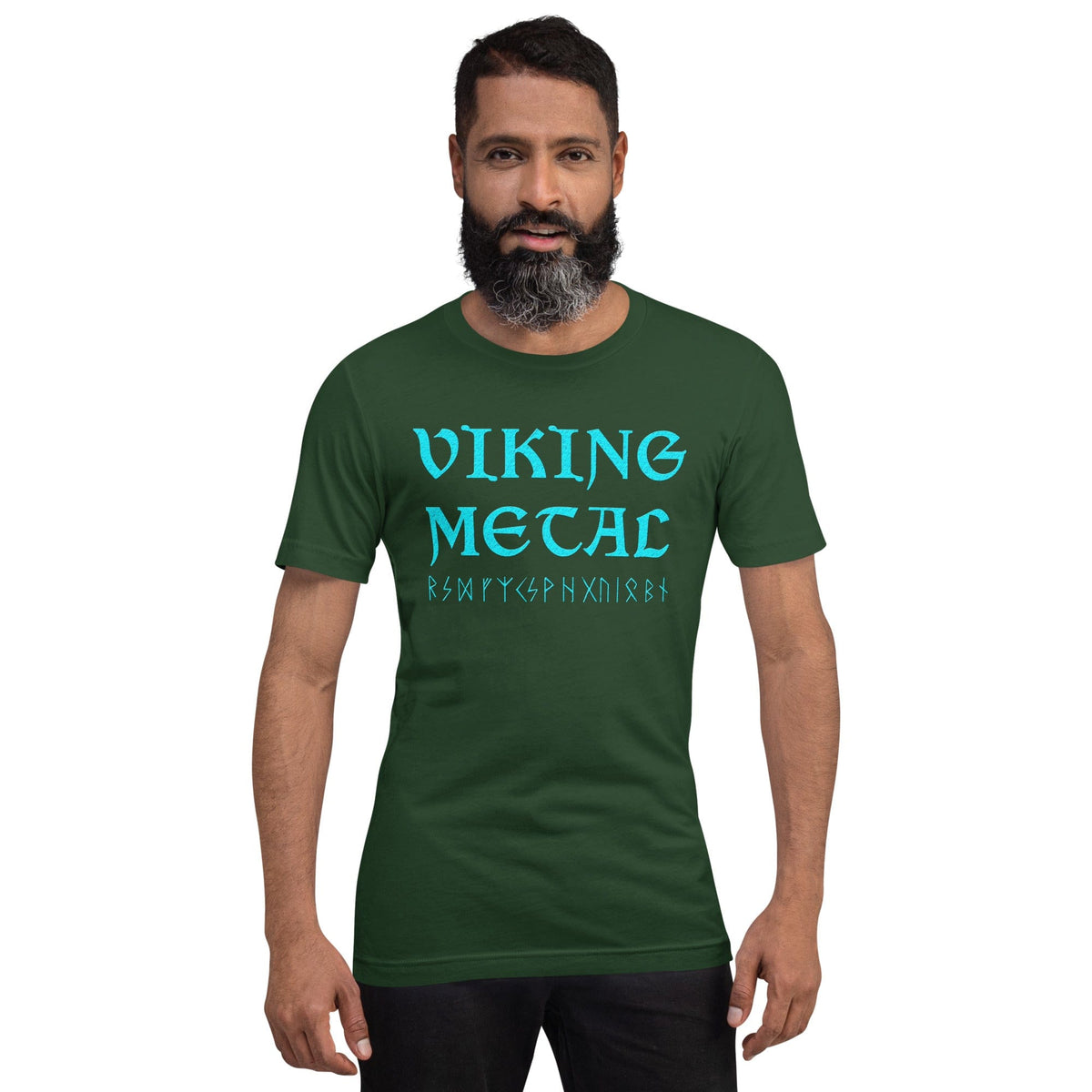Forest green T-shirt with teal Viking Metal logo on chest.