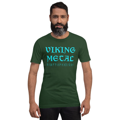 Forest green T-shirt with teal Viking Metal logo on chest.