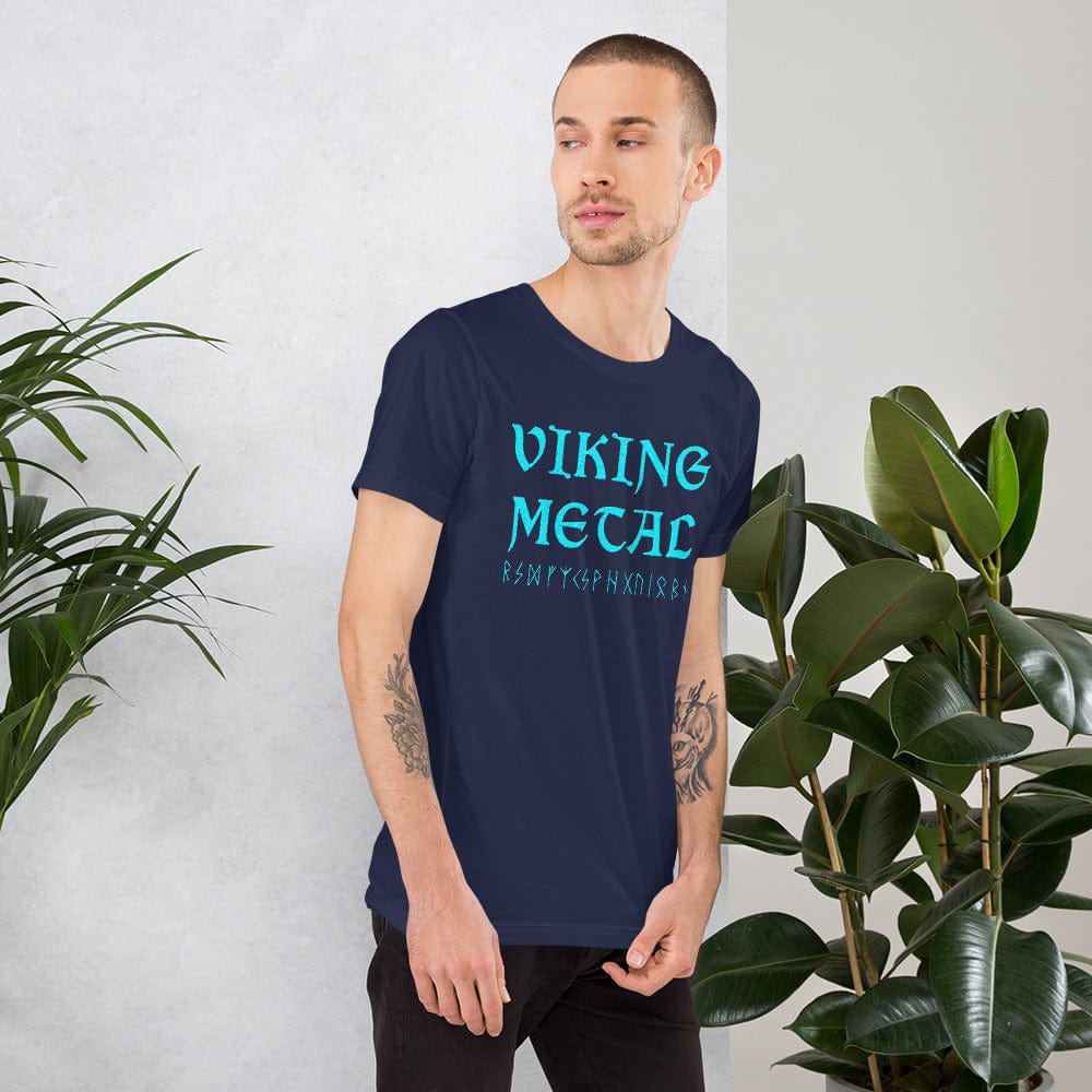 Navy T-shirt with teal Viking Metal graphic on chest.