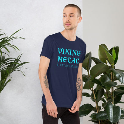 Navy T-shirt with teal Viking Metal graphic on chest.