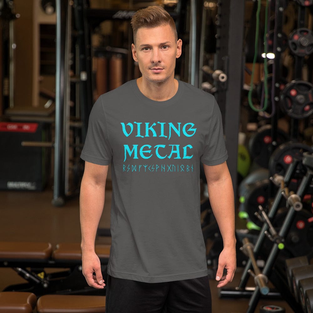 Gray T-shirt with teal Viking Metal print across chest.