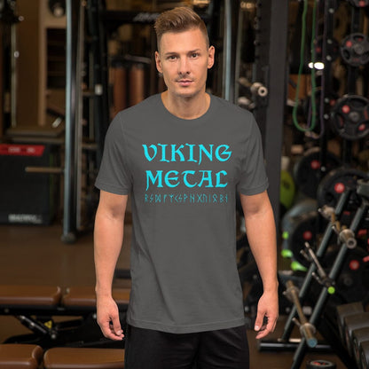 Gray T-shirt with teal Viking Metal print across chest.