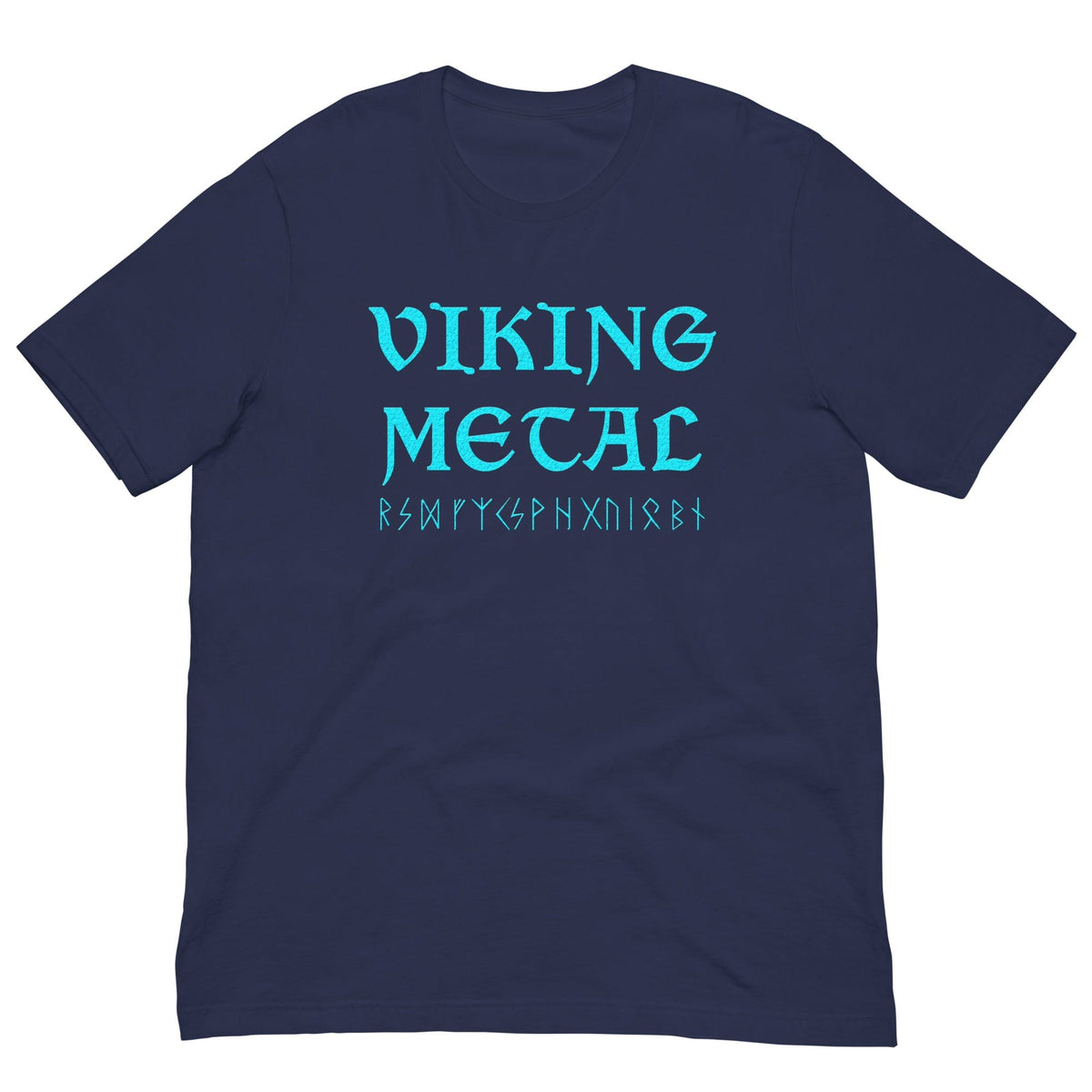 Deep blue T-shirt with teal Viking Metal graphic on chest.