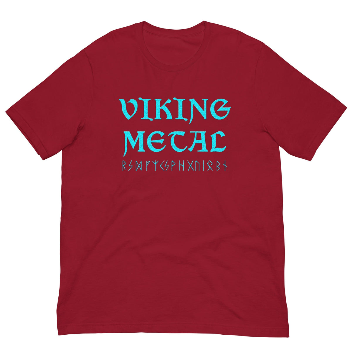 Red T-shirt with teal Viking Metal graphic on chest.