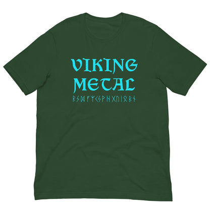 Green T-shirt with teal Viking Metal graphic on chest.