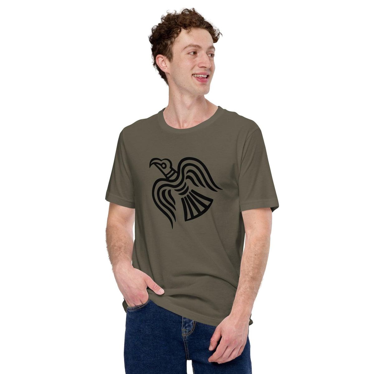 Olive green T-shirt with black raven graphic