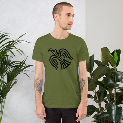 Olive green T-shirt on model with black raven emblem