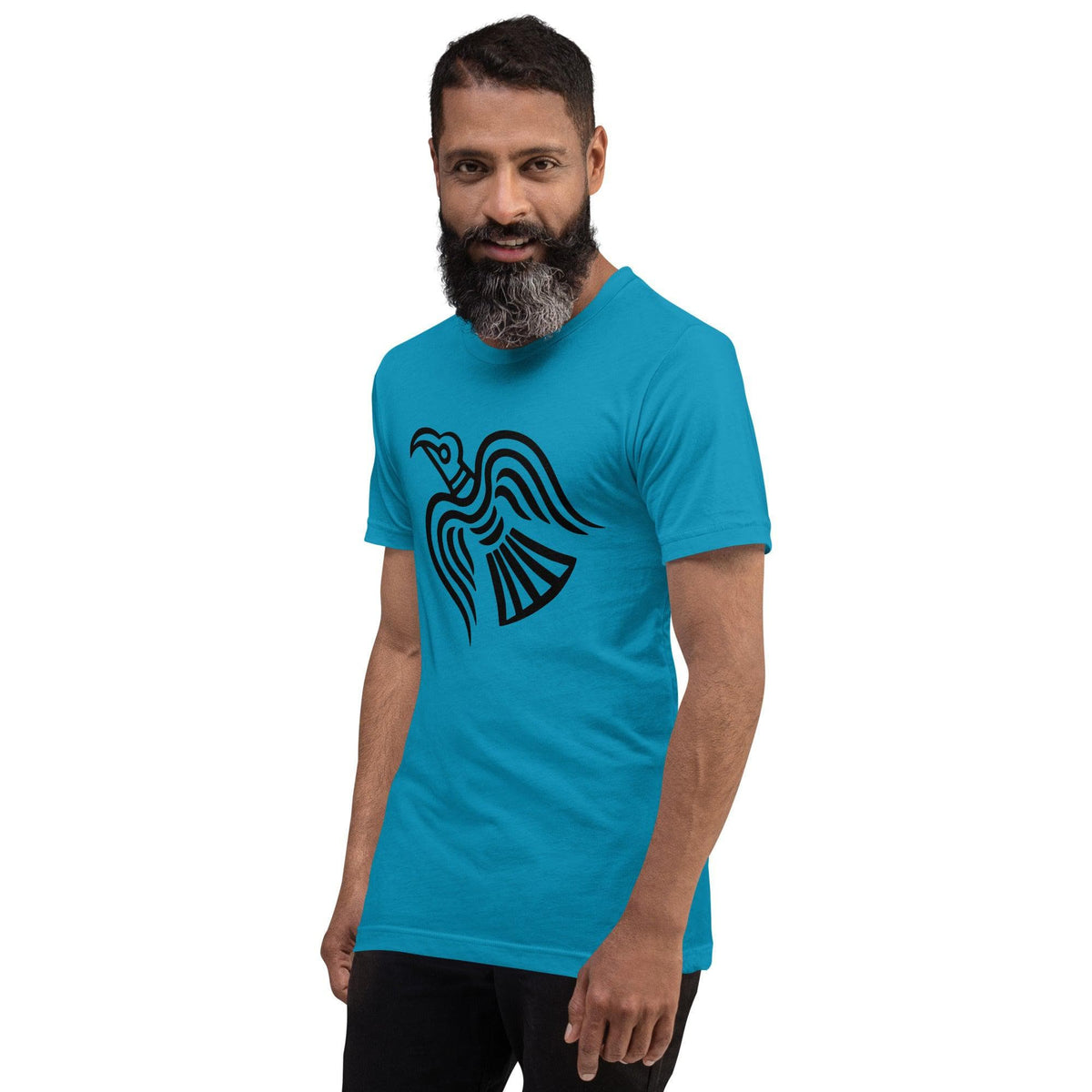 Aqua blue T-shirt with black raven graphic on model