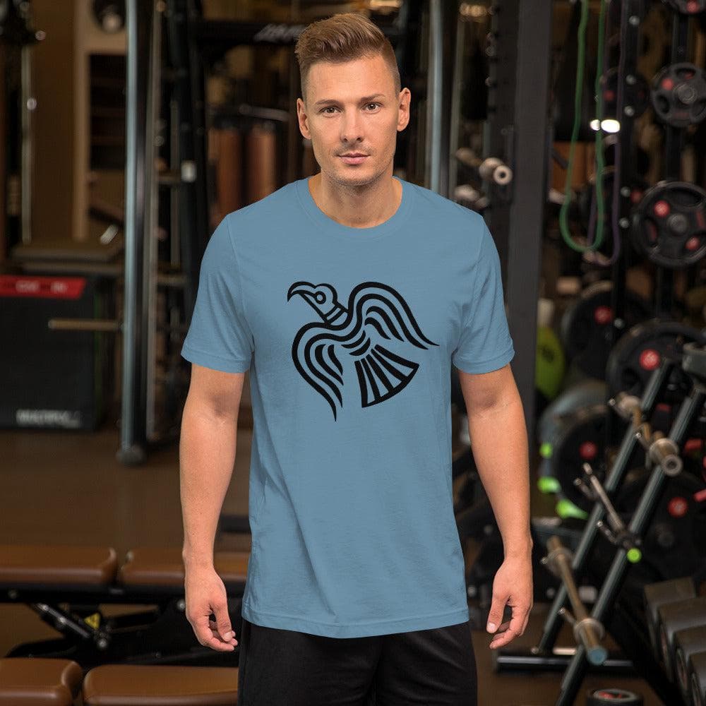 Steel blue T-shirt with black raven graphic on model