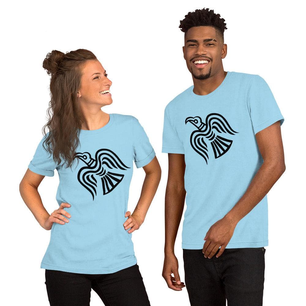 Light blue T-shirt with black raven graphic on two models