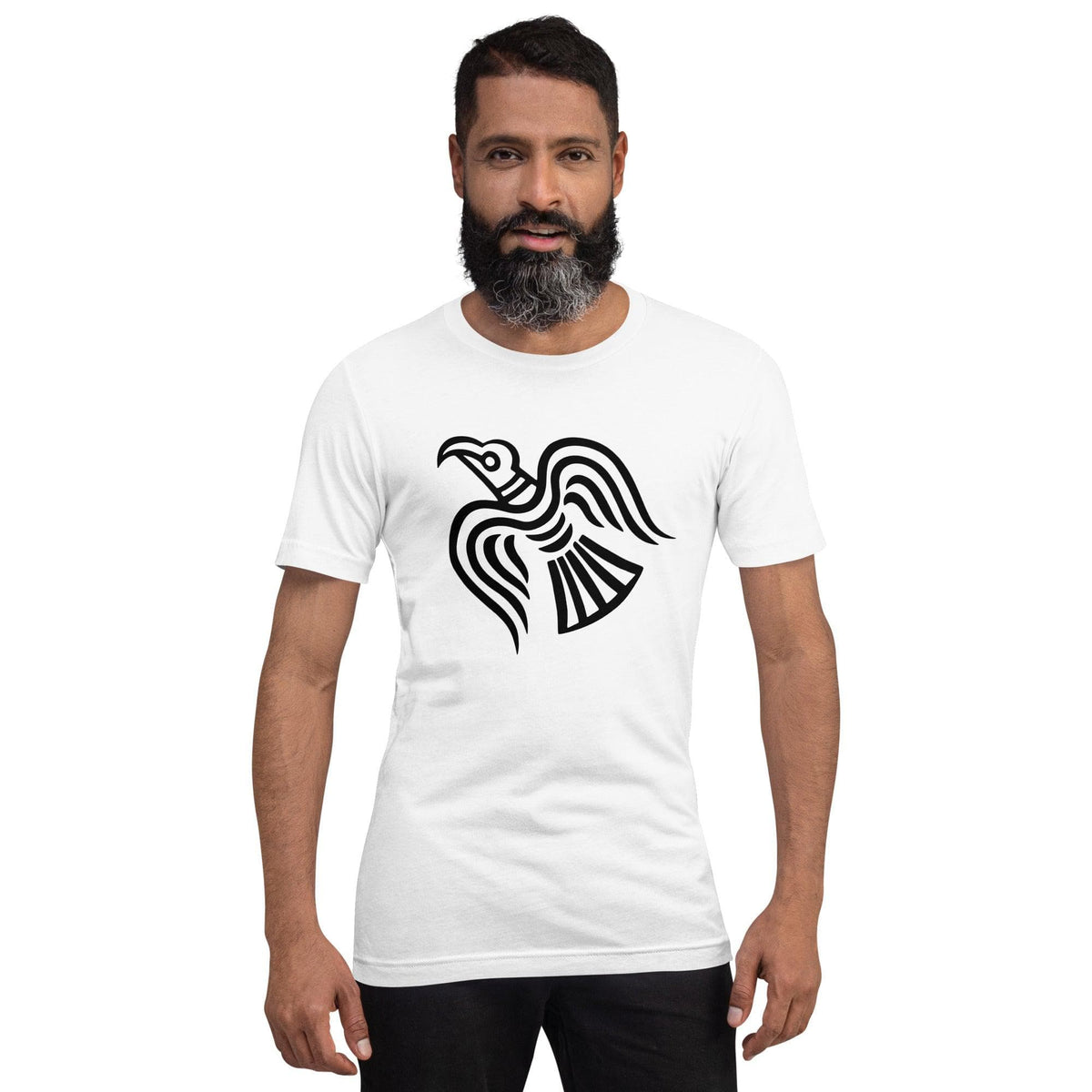 White T-shirt with black raven graphic on model