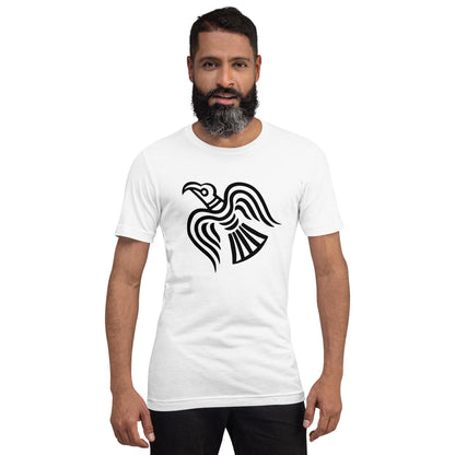 White T-shirt with black raven graphic on model