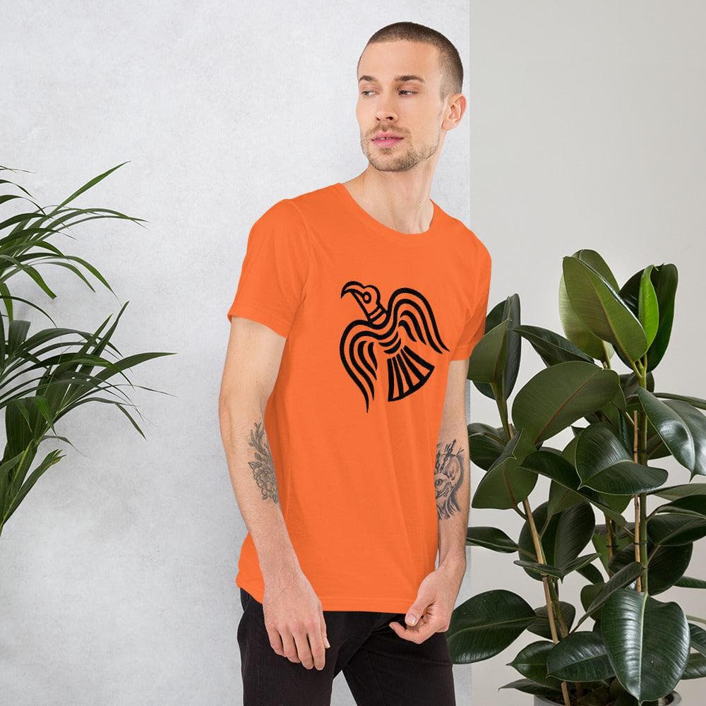 Orange T-shirt with black raven graphic on model
