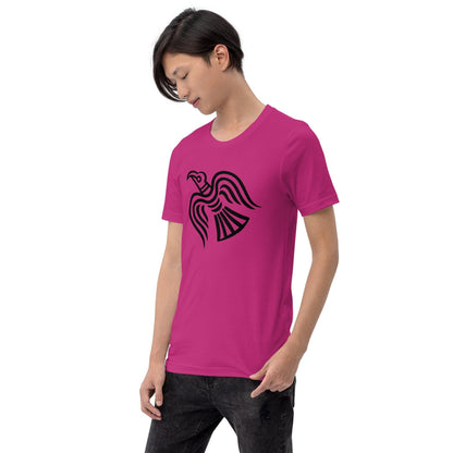 Berry purple T-shirt with black raven graphic on model