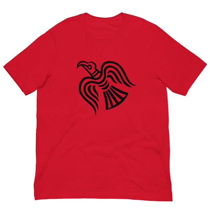 Red T-shirt with black raven graphic at center chest