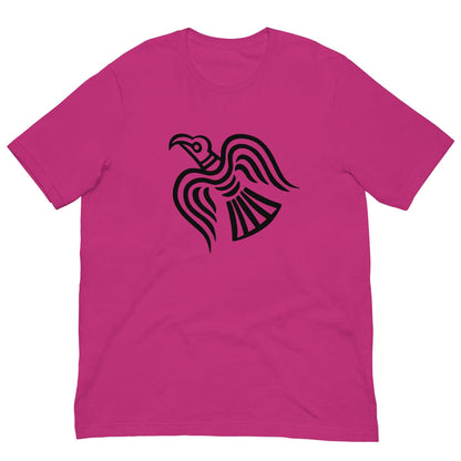 Berry pink T-shirt with black raven graphic at center chest