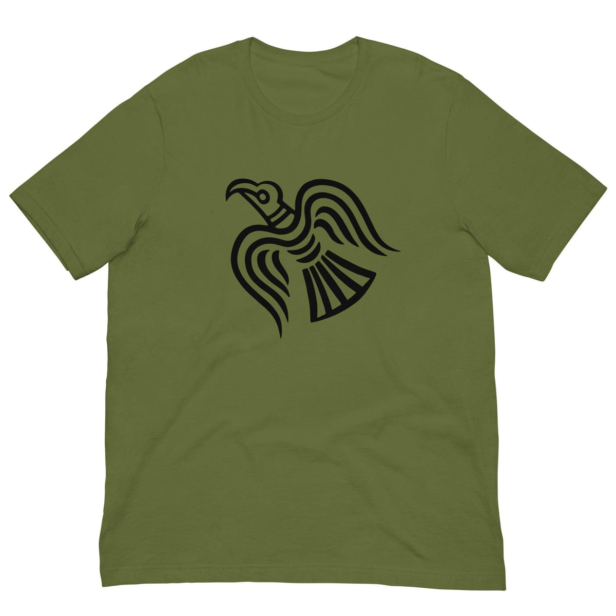 Olive green T-shirt with black raven graphic at center chest