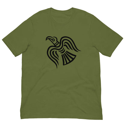 Olive green T-shirt with black raven graphic at center chest